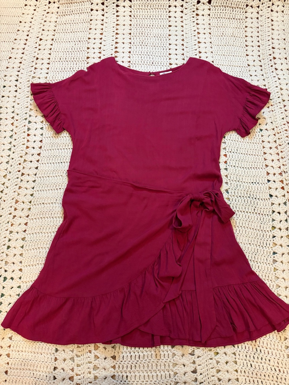 glam Crimson/Berry Wrap-Front Ruffle Mini Dress Size Large
